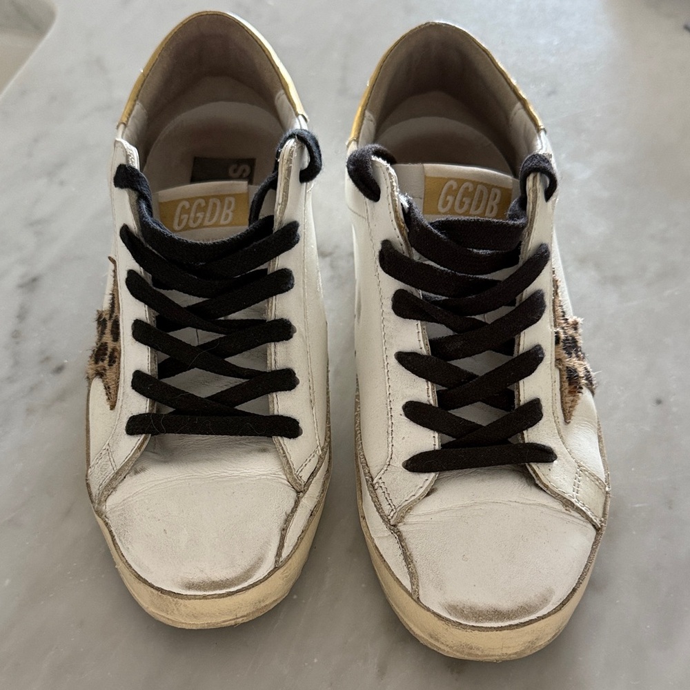 Golden Goose White Sneakers with Leopard Print and Gold Accents